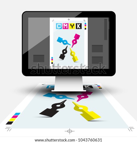 Creative Graphic Design with CMYK Print Document and DTP Program on Computer Screen