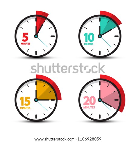 5, 10, 15, 20 Minutes Analog Clock Icons. Vector Time Symbol.