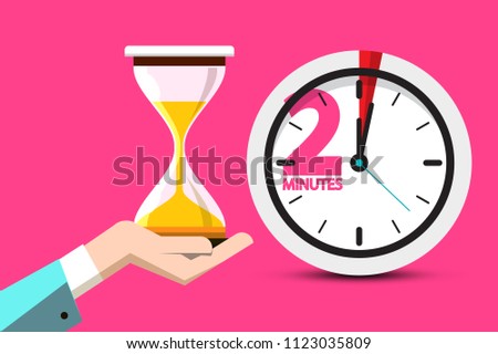 2 Minutes Hourglass Time Symbol. 2 Minute Counter Icon with Sand Clock on Human Hand. Vector Flat Design Stopwatch Design on Pink Background.