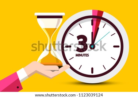 Three Minutes Countdown Design on Yellow Background. Vector Flat Design Time Symbol. Clock Hourglass Icon with 3 Minute Sign.