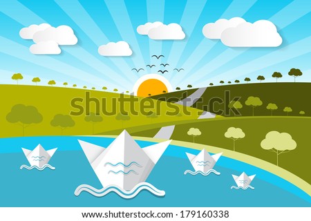 Paper Vector Nature Background with Lake, Trees, Clouds