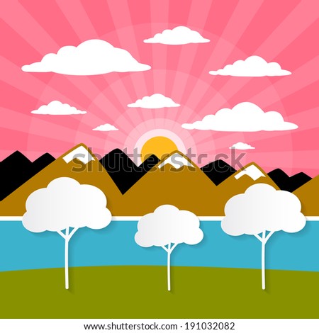 Paper Vector Nature Background with Trees, River - Lake, Clouds and Sun