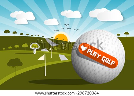 Golf Ball on Field with Sun and Sky and Love Play Golf Title - Vector