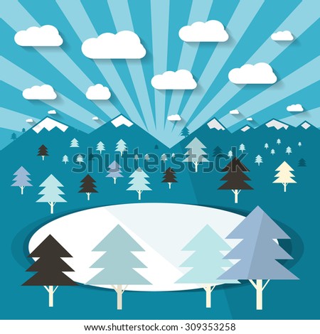 Winter Landscape with Trees and Lake . Blue Flat Design Vector Illustration