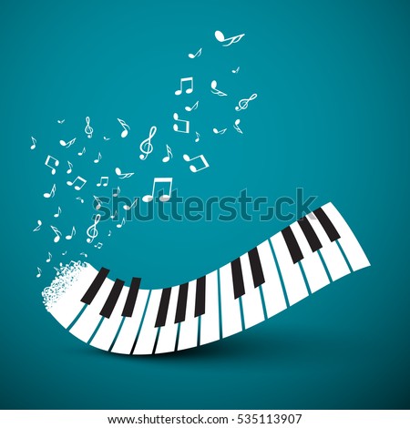 Flying Notes with Abstract Piano Keyboard. Music Vector Background.