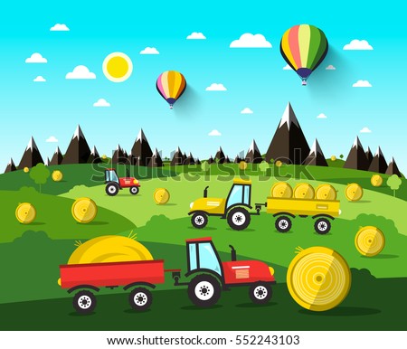 Harvesting Vector Landscape with Hay Balls and Tractors. Nature Scene with Hot Air Balloons and Green Field.