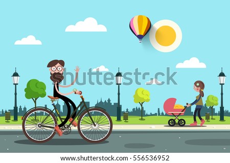 Man on Bicycle and Young Woman with Baby Carriage in City park. Vector Flat Design Cartoon. Sunny Day in Town.