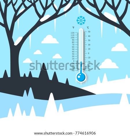 Winter Landscape with Thermometer. Frozen Land. Empty Field Covered with Snow. Vector. Cold Weather Symbol.
