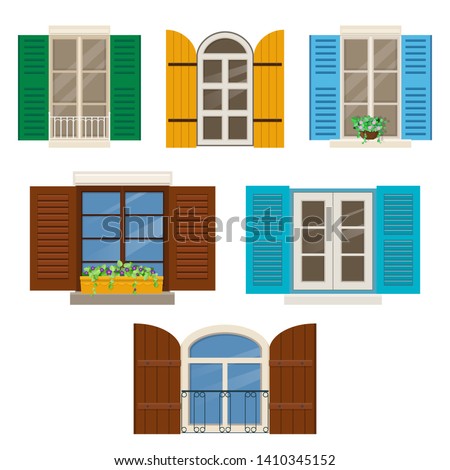 Open windows with shutters. Different windows with colorful shutters and window plants. Vector illustration