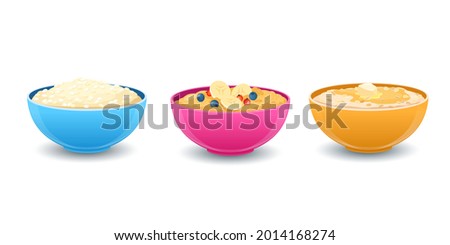 Oatmeal, millet and rice porridge. Sweet  porridges with various toppings, berries, butter and honey in bowls. Healthy food concept. Vector illustration  