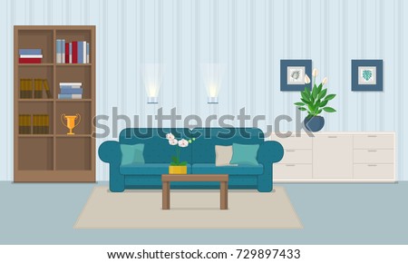 Living room interior with furniture. Vector illustration in flat style