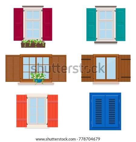 Set of open colorful different windows with shutters and flowers. Vector illustration