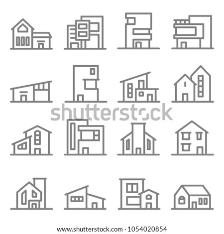 Various Real Estate Property Modern Style Buildings vector line icon set. Included the icons as home, house, hotel, resort, apartment, tower and more.