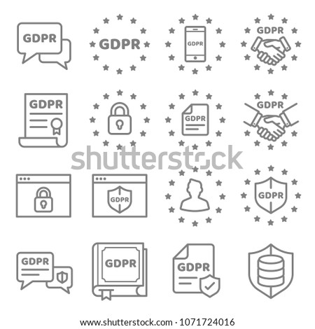 GDPR Data Privacy vector icon set. Included the icons as security information, data protection, shield, certificate, compliant, personal data, database and more