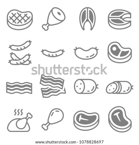 	
Meat steak line icon set. Included the icons as grilled, drumstick, fillet, salami, t-bone, chicken, bacon, beef, pork and more.