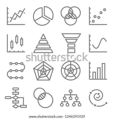 Charts and Diagrams Vector Line Icon Set. Contains such Icons as Venn Diagram, Dot Plot, Spiral Graph and more. Expanded Stroke