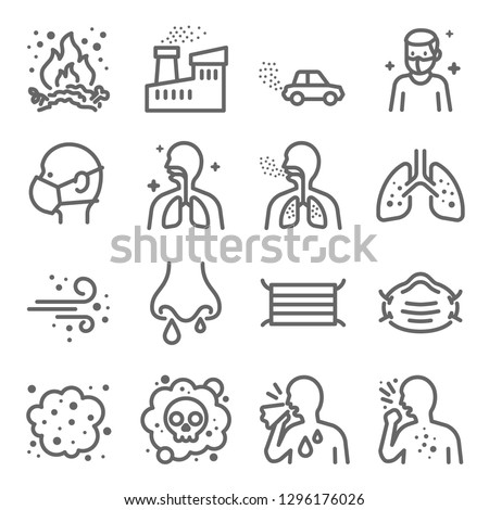 Dust Pollution Vector Line Icon Set. Contains such Icons as Lung, Factory, Dust Mask, Dirt Air and more. Expanded Stroke
