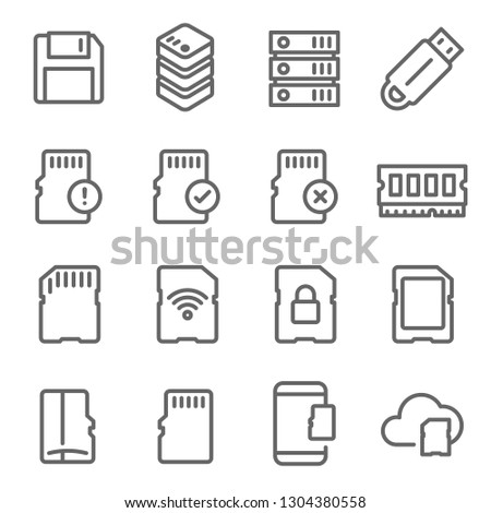 Memory Card Vector Line Icon Set. Contains such Icons as Thumb drive, Wifi SD Card, Database, Ram, Cloud and more. Expanded Stroke