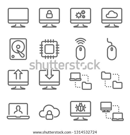 Computer Technology Vector Line Icon Set. Contains such Icons as CPU, Hard disk, Synchronize, network and more. Expanded Stroke