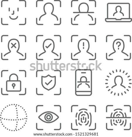 Face Scan Security icons set vector illustration. Contains such icon as Fingerprint Scan, Face Recognition, Eye Scan, Biometric Identity and more. Expanded Stroke