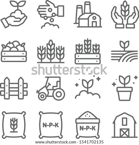 Farming icons set vector illustration. Contains such icon as agriculture, planting, fertilizer, fence, and more. Expanded Stroke