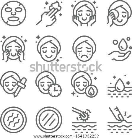 Skin care icons set vector illustration. Contains such icon as aroma, cleaning, treatment, acne, moist and more. Expanded Stroke