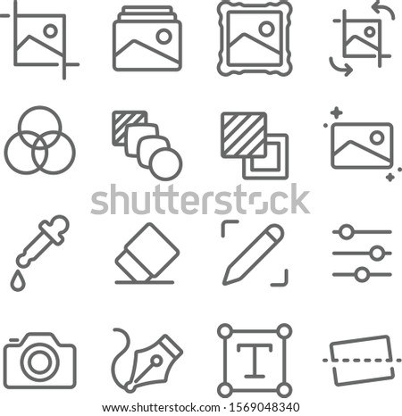 Image Editing icons set vector illustration. Contains such icon as Adjustments, Image Gallery, Camera, Photo, Color and more. Expanded Stroke
