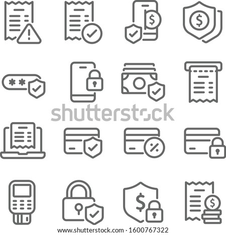 Payment icons set vector illustration. Contains such icon as Privacy Protection, Receipt, Security Password and more. Expanded Stroke