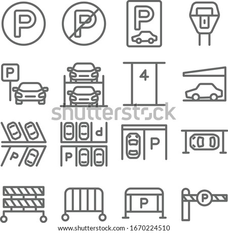 Car Parking set vector illustration. Contains such icon as Parking Gate, Roof, Automatic, Hydraulic, Barrier and more. Expanded Stroke