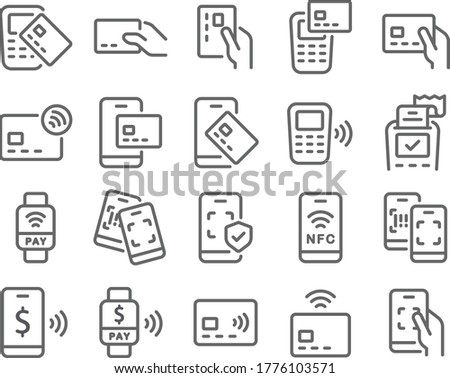Contactless cashless society icon set vector illustration. Contains such icon as Scan QR code, NFC, Credit Card, Barcode, POS, Security Protection and more. Expanded Stroke