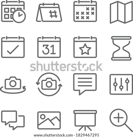 Basic UI icon illustration vector set. Contains such icon as Calendar, Hourglass, Message, Map, Image, Camera, and more. Expanded Stroke