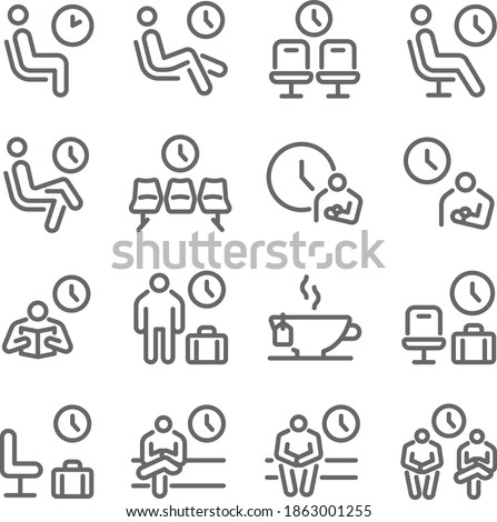 Waiting room icon illustration vector set. Contains such icons as Wait, Clock, Chair, Seat, Chilled, Lounge, and more. Expanded Stroke