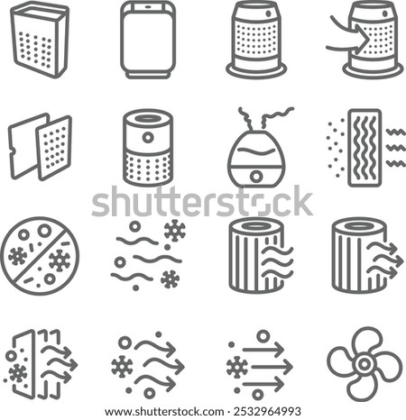 Air purifier icon illustration vector set. Contains such icons as Dust, Oxygen, Anti-bacteria, Air pollution, pm 2.5, Air filter, and more. Expanded Stroke