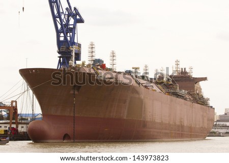 A newly build ship at a wharf, Shanghai, China