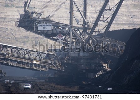 HAMBACH, GERMANY - SEPTEMBER 1: One of the world's largest bucket-wheel excavators digging lignite (brown-coal) in of the world's deepest open-pit mines in Hambach on September  1, 2010.