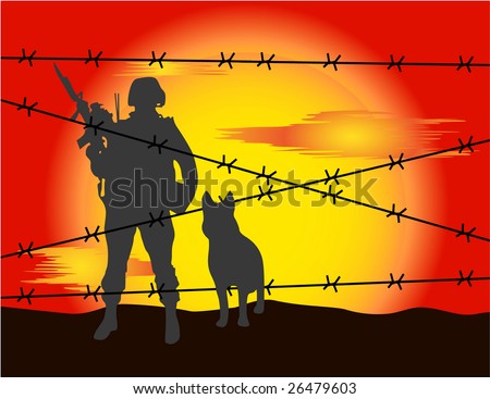 Silhouette of the soldier and dog on border