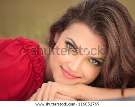 Similar – Image, Stock Photo A gorgeous brunette model is posing flawlessly next to some chopped trees. Her see-through black dress, fancy high heels, and pretty face are the main subjects of the photograph though. Eyes contact with a camera and a comfy feeling gives more intimacy.