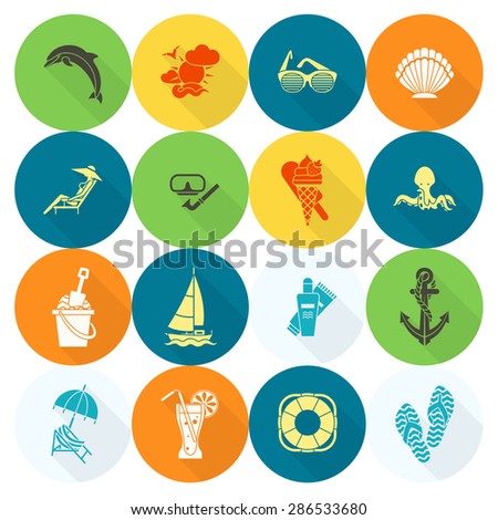 Summer and Beach Simple Flat Icons, Travel and Vacation. Vector
