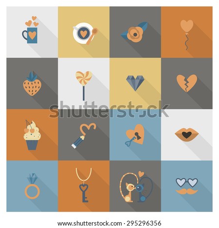 Simple Flat Icons Collection for Valentines Day, Wedding, Love and Romantic Events. Vector