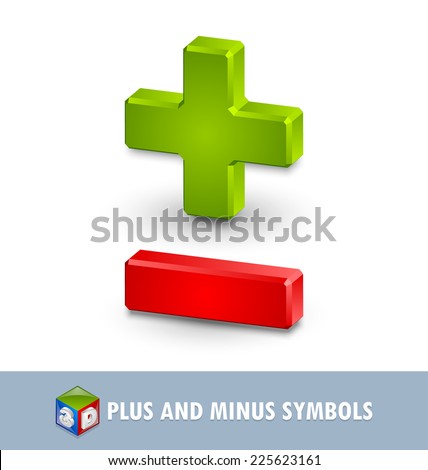 Three dimensional plus and minus symbols on white background