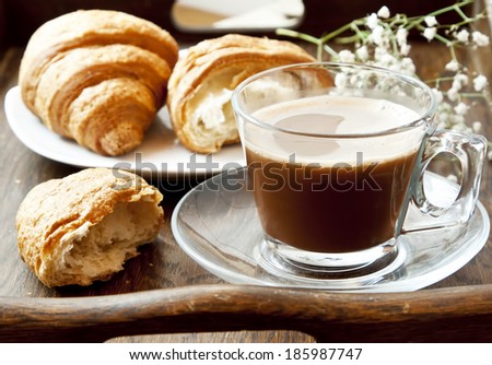 Cappuccino Coffee in Transparent Cup with Croissants, French Breakfast, Morning Coffee