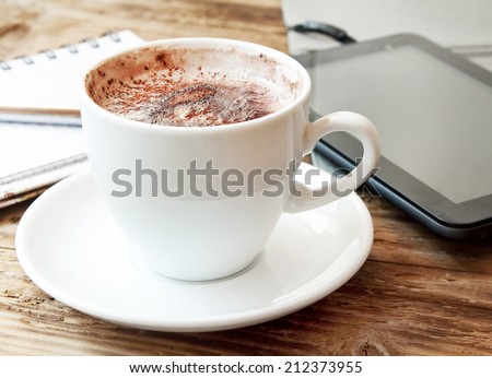 Cappuccino Cup . Tablet and Notebook with Pencil, Office Coffee Break Concept