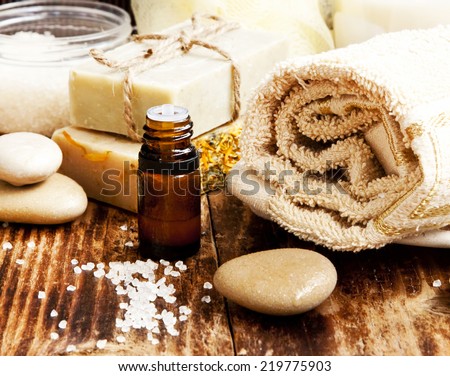 Spa Setting with Essence Oil,Natural Soap,Soft Towel and Sea Salt