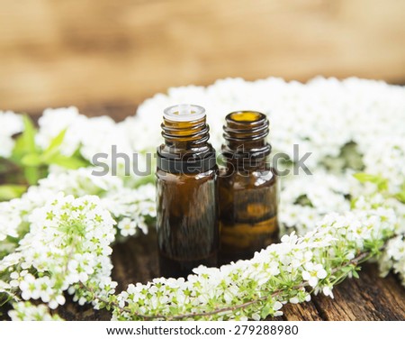 Flowers Essential Oil Bottles, Spring Blossom on Wooden Background