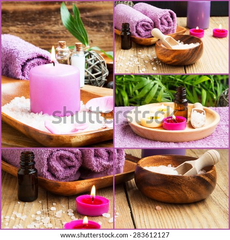 Spa Collage Composition of 4 Spa Photos with Scent Candles. Soft Towels and Aromatherapy on Wellness Background