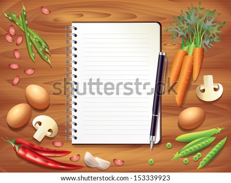 Top view recipe book on wooden kitchen table, food ingredients photo realistic vector