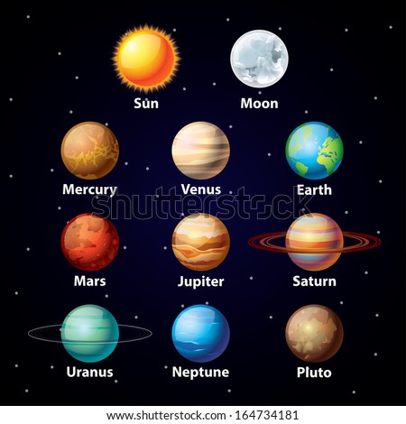 Glossy planets colorful vector set on dark sky background