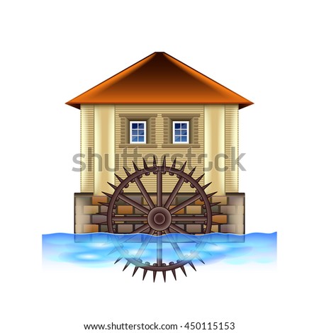 Old water mill isolated on white photo-realistic vector illustration