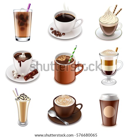 Coffee drinks icons detailed photo realistic vector set