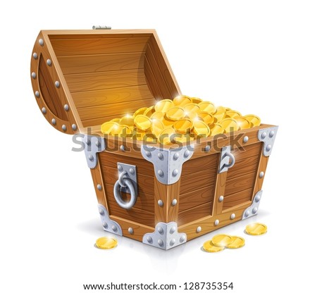 vintage wooden chest with golden coin vector illustration isolated on white background EPS10. Transparent objects and opacity masks used for shadows and lights drawing. Vector Illustration.
